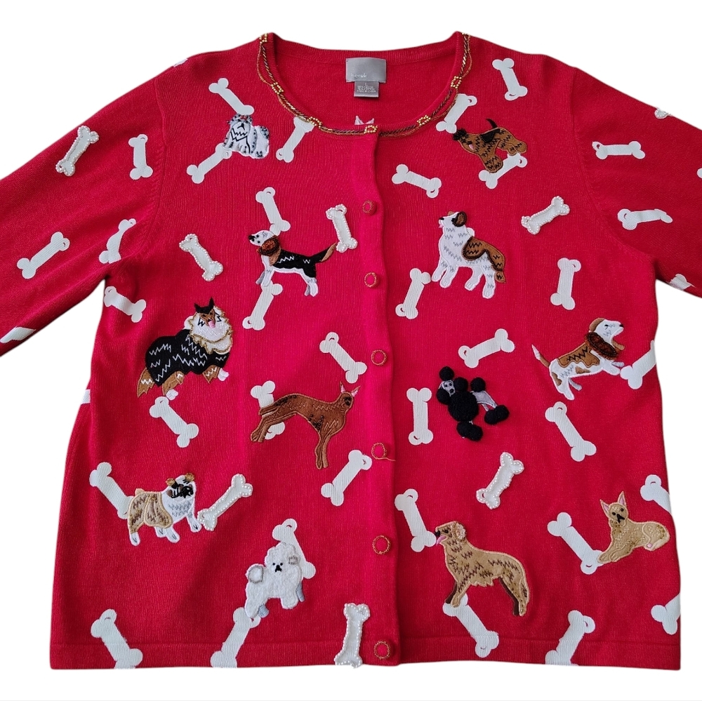 Berek Vintage Beaded Embellishment Puppy Dog Sweater Cardigan L